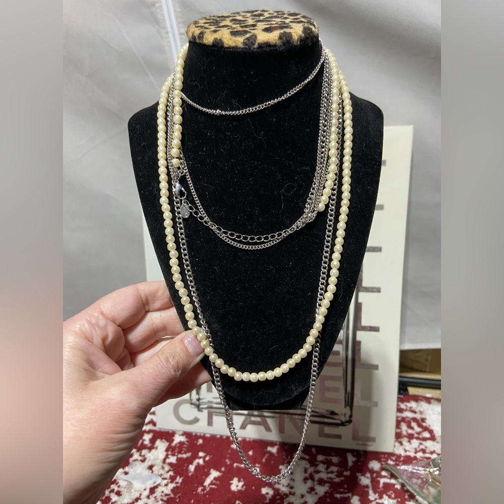 Aldo Silver Tone and Faux Pearl Layer Necklace, 4- layers.